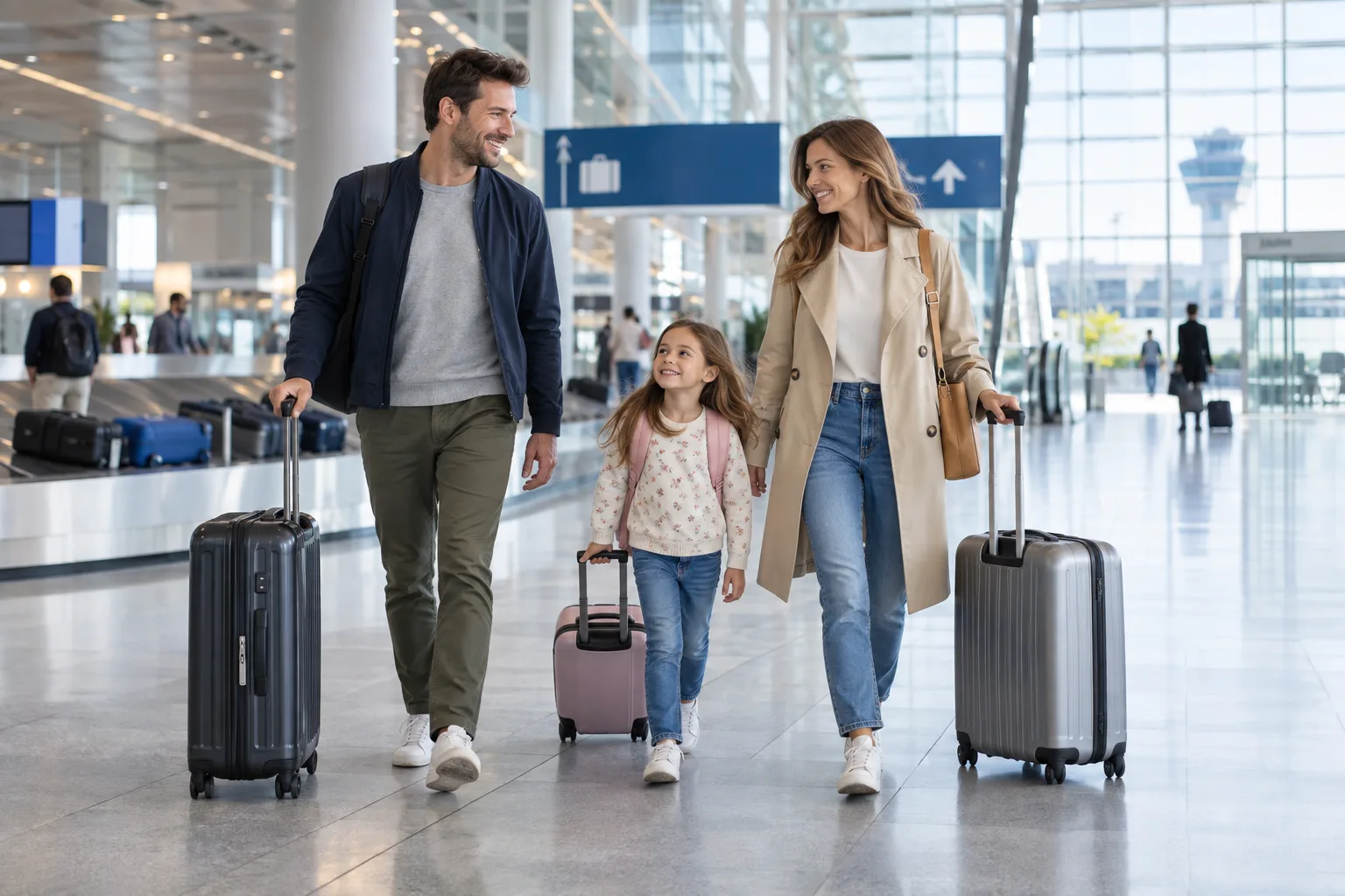 Family with luggage inside Munich Airport